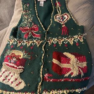 Vintage Tiara international Festive Green Knit Vest with Holiday Motifs